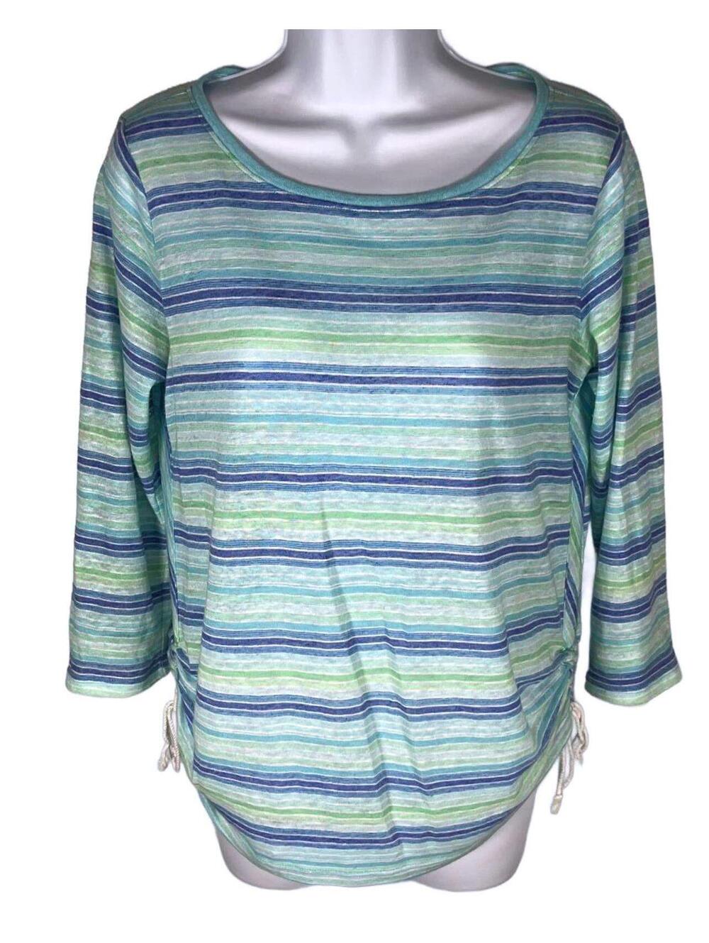 Talbots Blue Green Striped Linen Side Cinch Top Coastal Grandmother Linen  MP